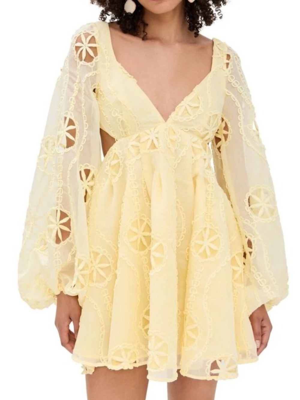 Bardot Jovie Babydoll Mini Dress Butter Yellow Cutout Balloon Sleeve L - Picture 1 of 16